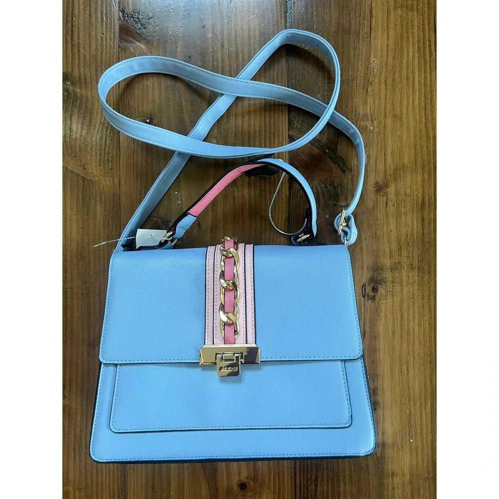 Aldo Light Blue‎ Pink Colorblock Satchel Crossbody Bag Gold Chain Detail Handbag